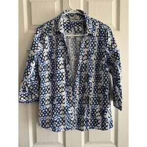 Dana Buchman Women Med 3/4 Sleeve Collar Button Up Blouse Chain Links Blue Black